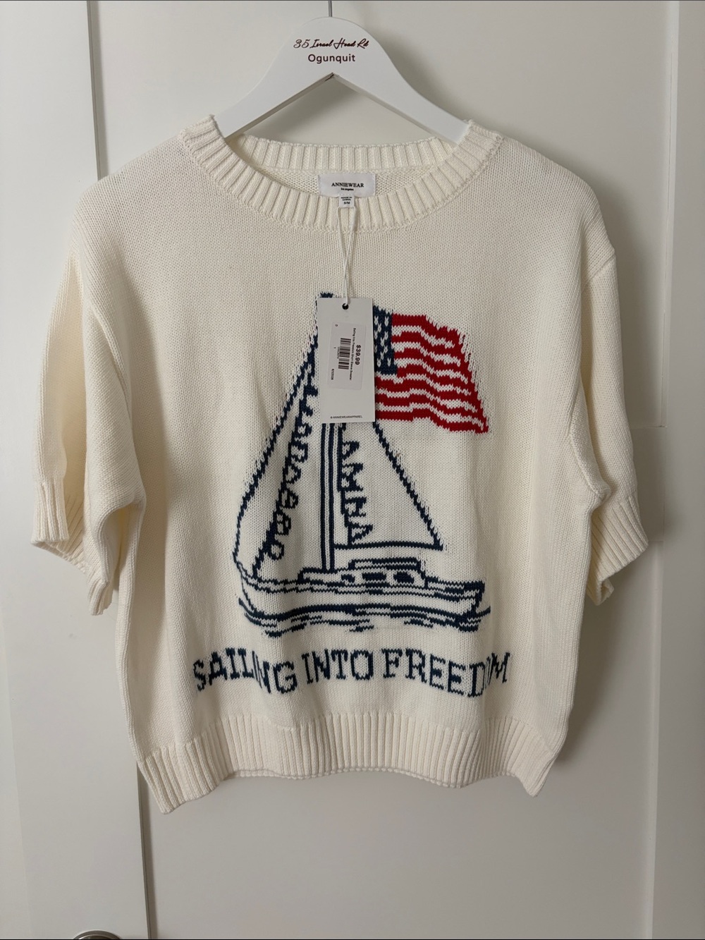 ANINE BING Cream Crewneck Sweater with Navy Sailboat and Red Flag
